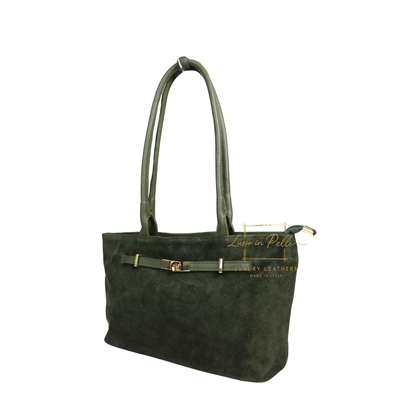 Genuine Leather Suede Shoulder Bag with Gold Turn Lock Detail