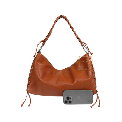 Genuine Leather Shoulder Bag with Lace-Up Detail