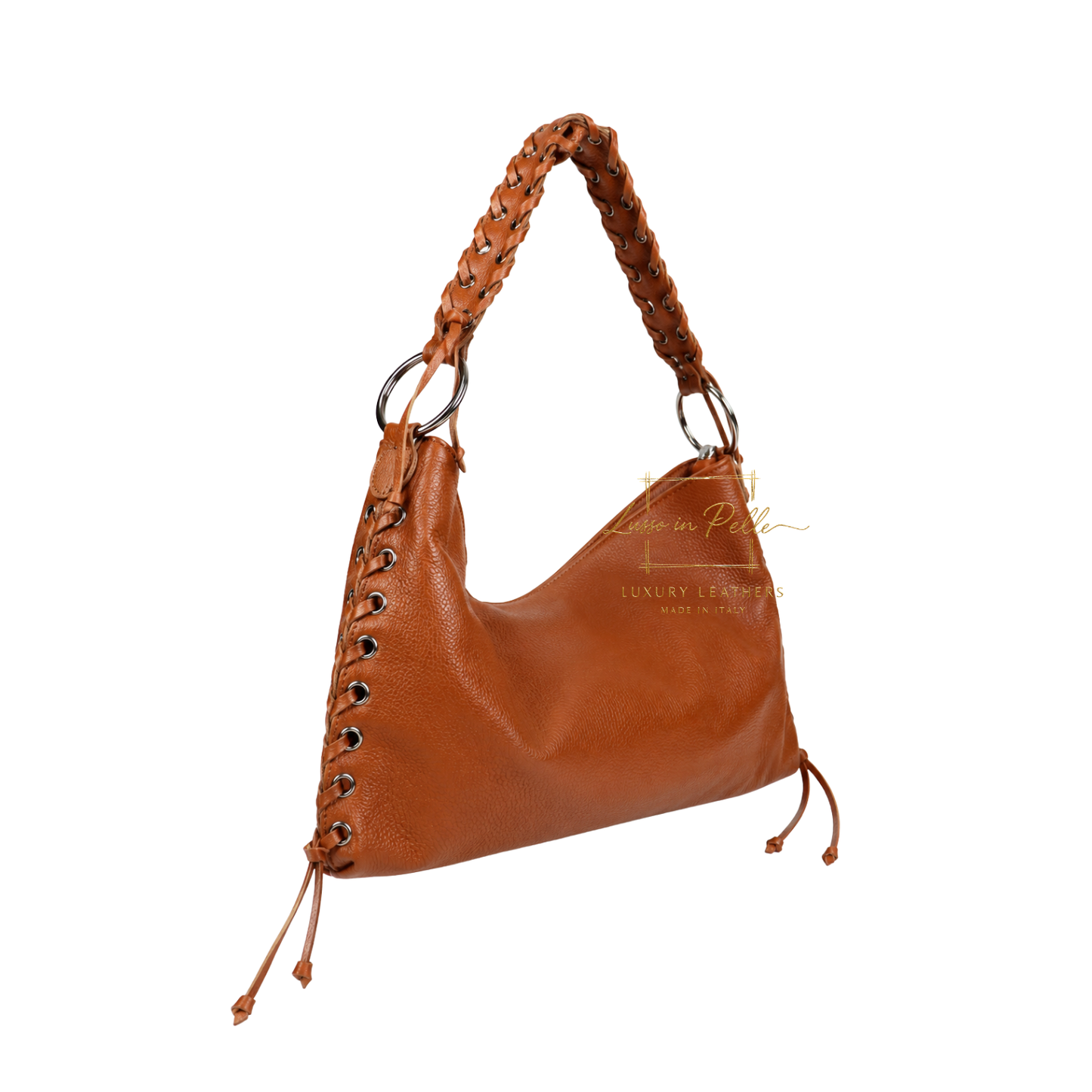 Genuine Leather Shoulder Bag with Lace-Up Detail