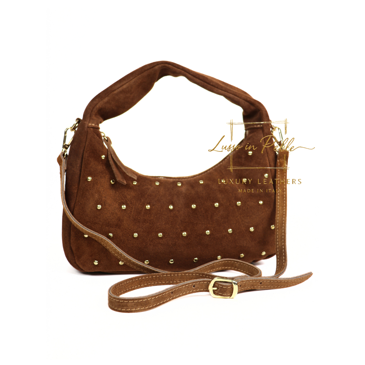 Soft Genuine Suede Shoulder Bag with Gold Stud Detail
