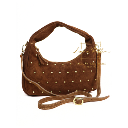 Soft Genuine Suede Shoulder Bag with Gold Stud Detail