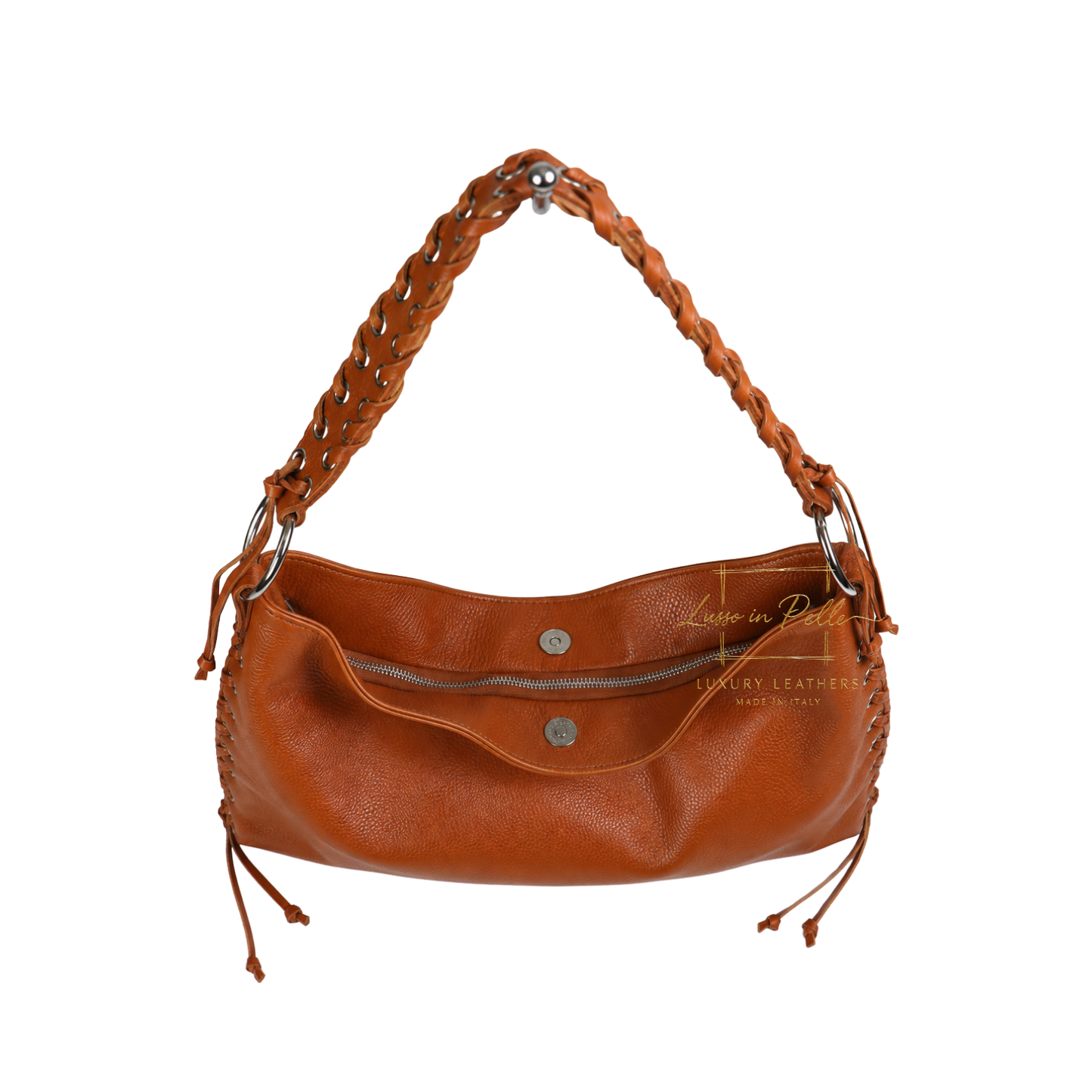 Genuine Leather Shoulder Bag with Lace-Up Detail