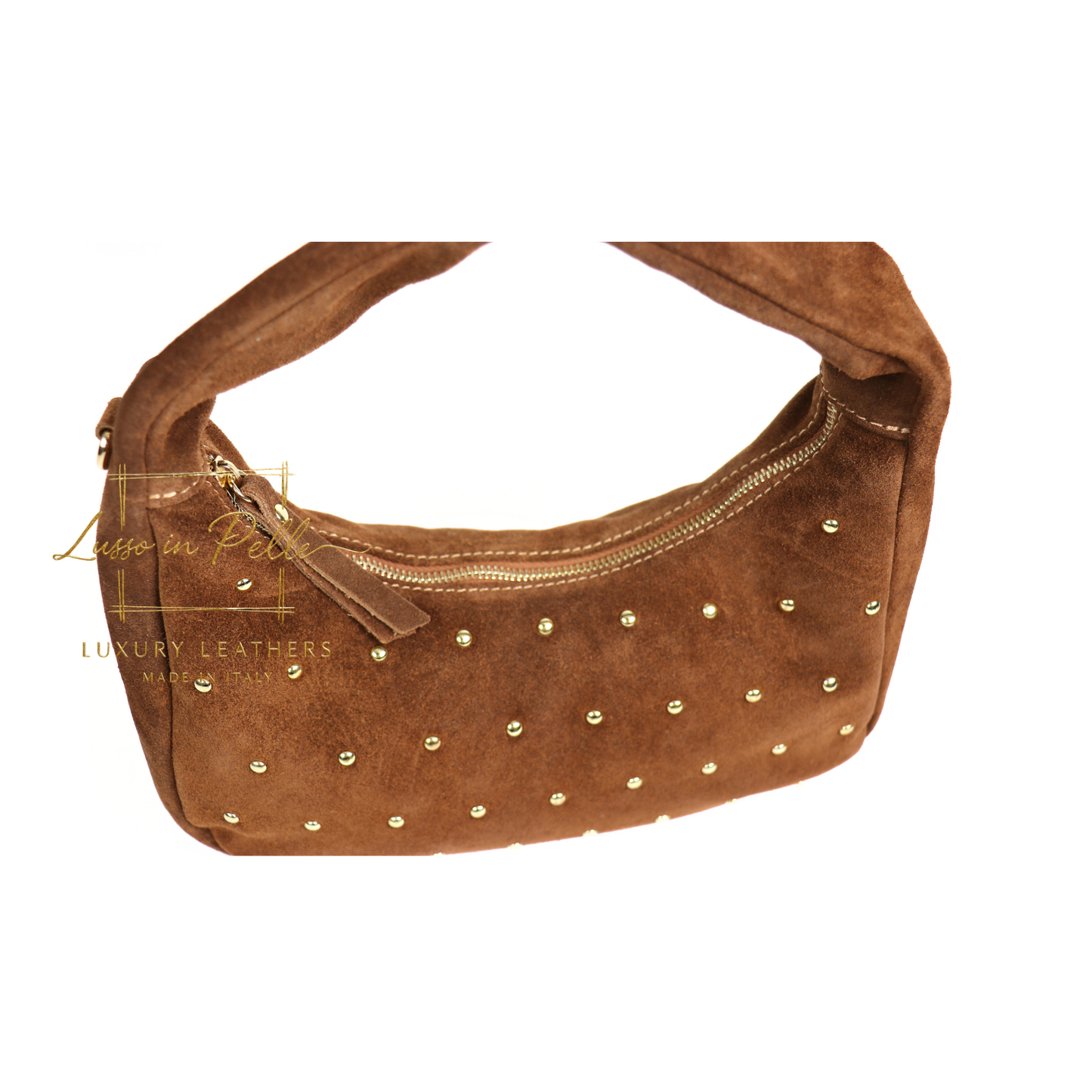 Soft Genuine Suede Shoulder Bag with Gold Stud Detail