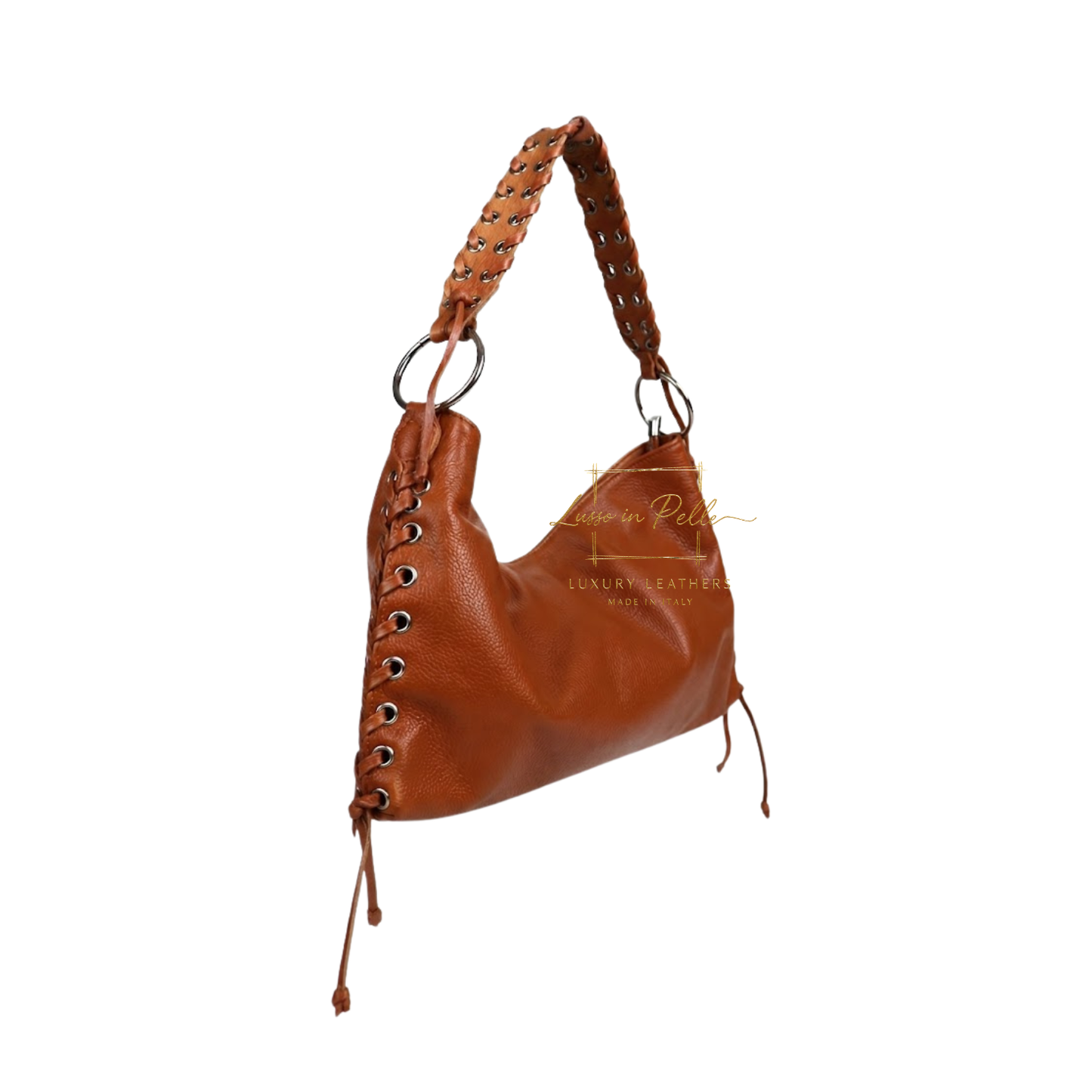 Genuine Leather Shoulder Bag with Lace-Up Detail