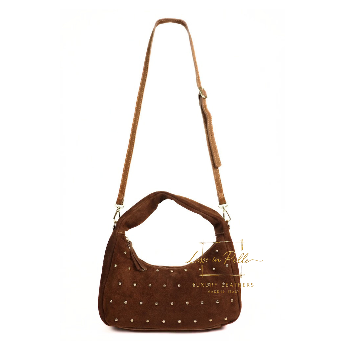 Soft Genuine Suede Shoulder Bag with Gold Stud Detail