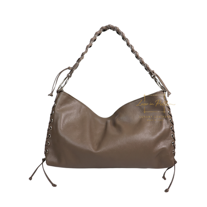 Genuine Leather Shoulder Bag with Lace-Up Detail