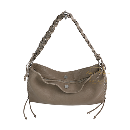 Genuine Leather Shoulder Bag with Lace-Up Detail