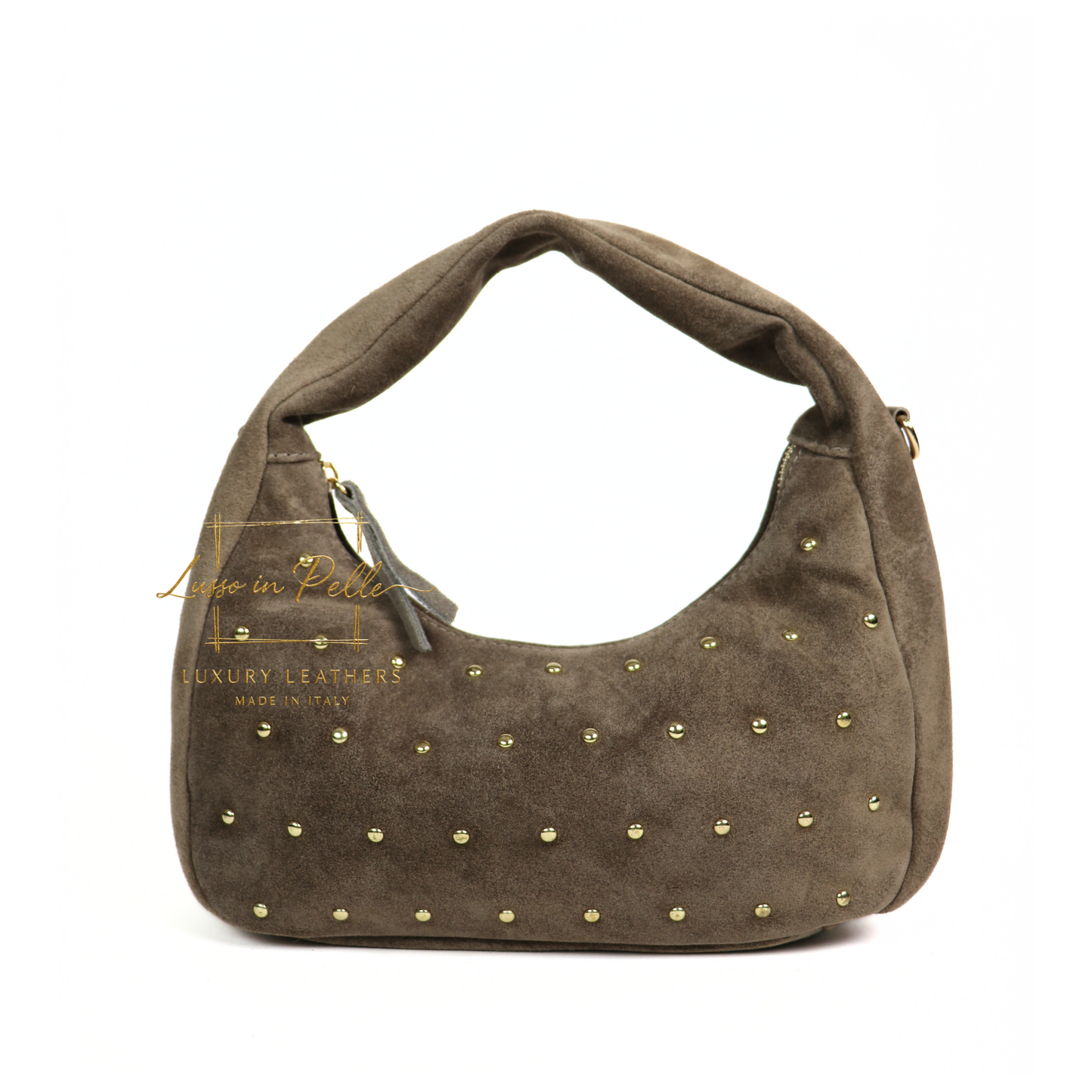 Soft Genuine Suede Shoulder Bag with Gold Stud Detail