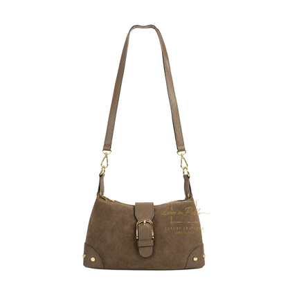 Genuine Suede & Leather Shoulder Bag with Buckle Detail