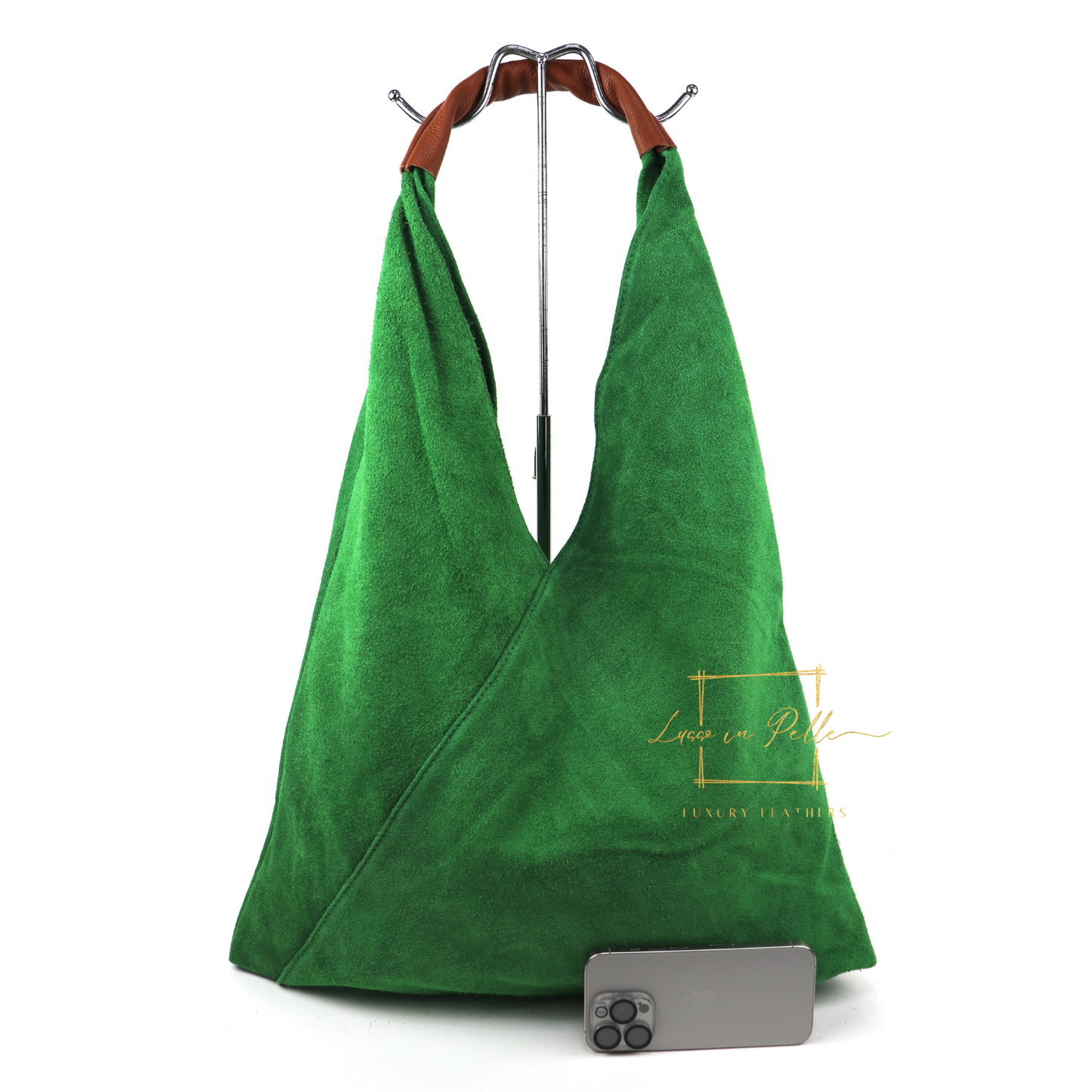 Milano Italian Suede Slouch Hobo Bag with Tan Leather Handle