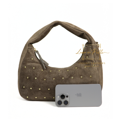Soft Genuine Suede Shoulder Bag with Gold Stud Detail