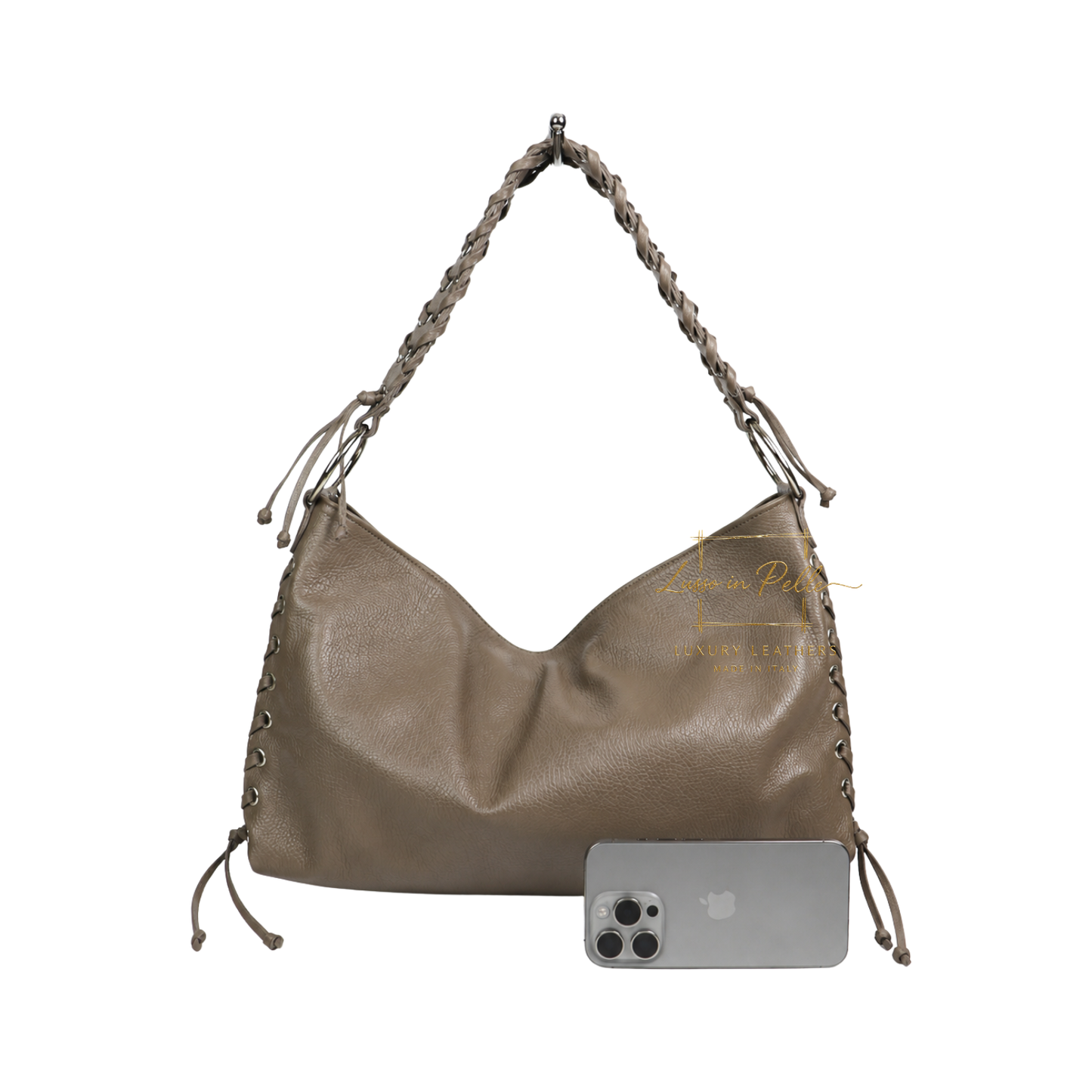 Genuine Leather Shoulder Bag with Lace-Up Detail
