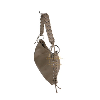 Genuine Leather Shoulder Bag with Lace-Up Detail