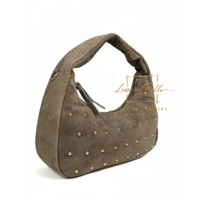 Soft Genuine Suede Shoulder Bag with Gold Stud Detail