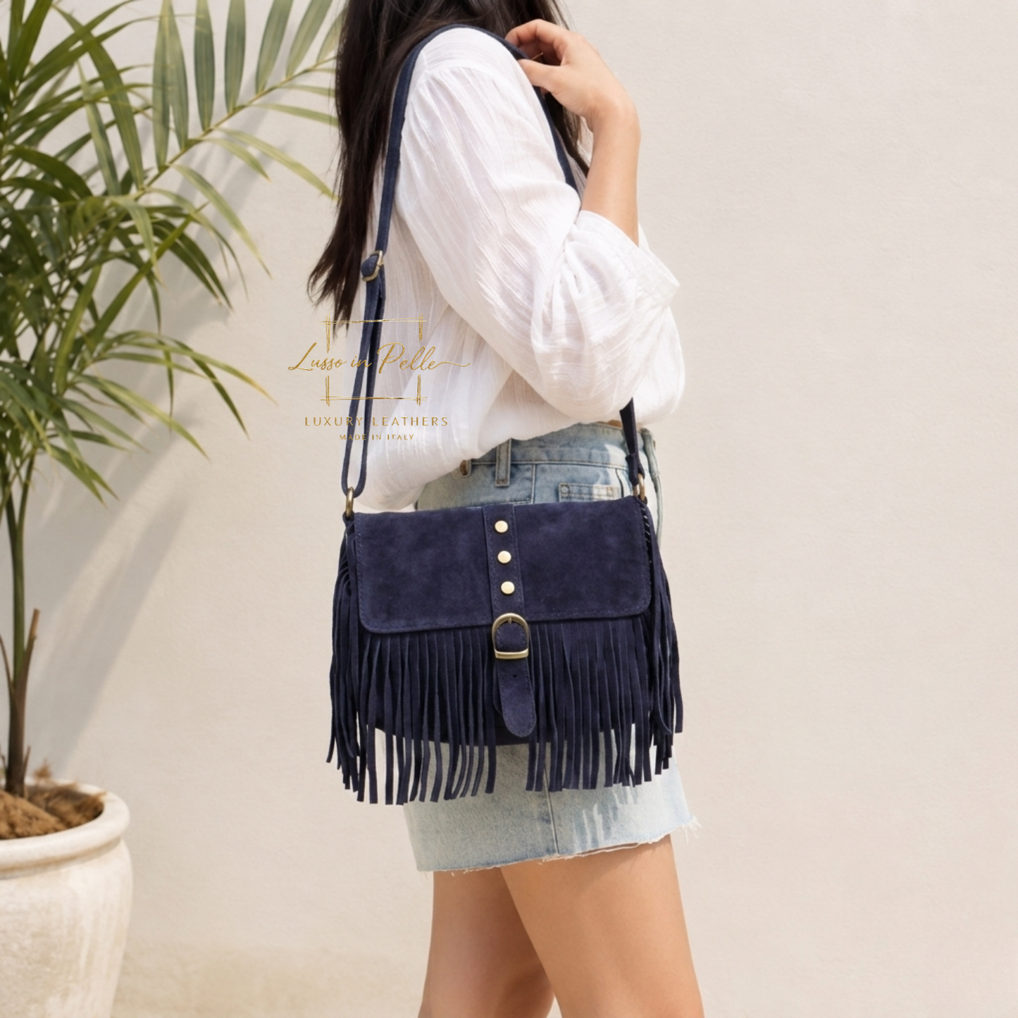 Fringe Suede Crossbody Bag with Adjustable Straps