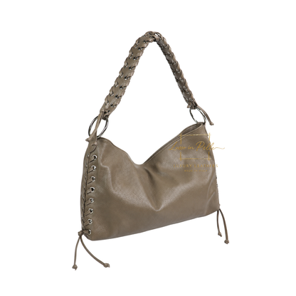 Genuine Leather Shoulder Bag with Lace-Up Detail