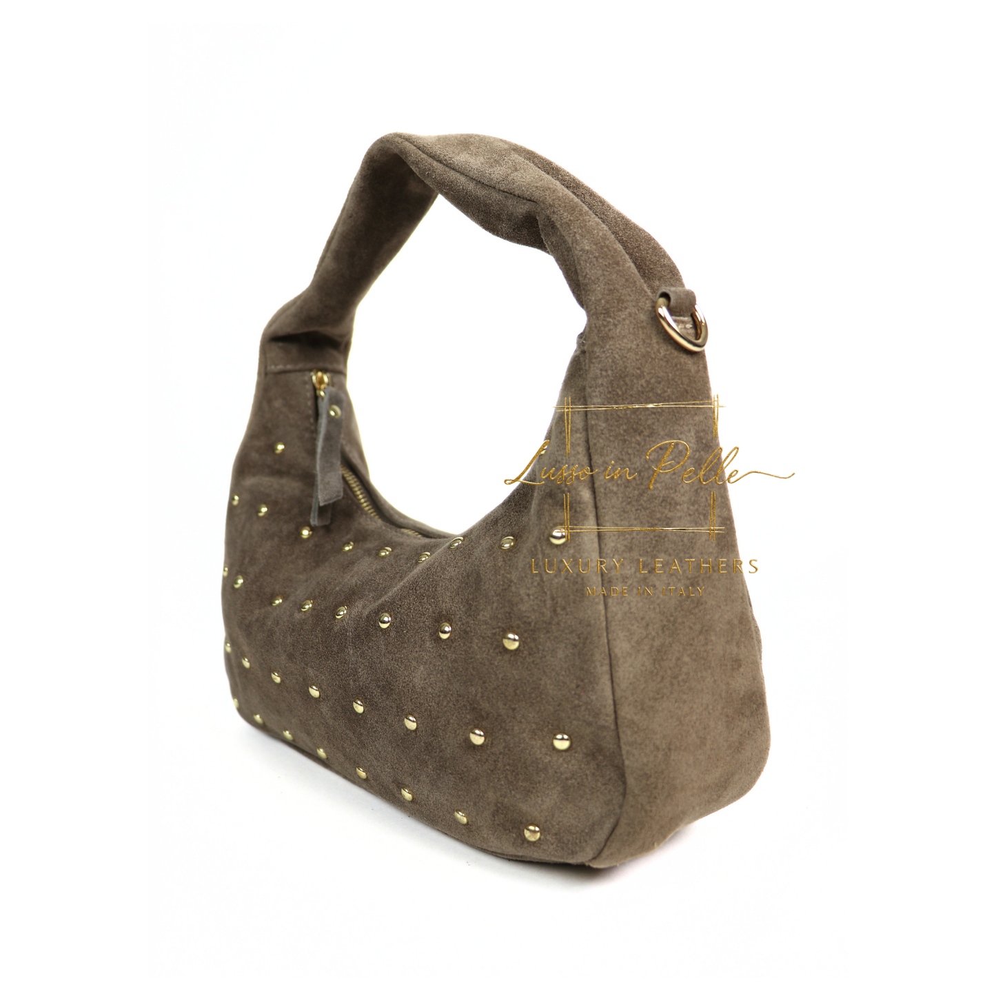 Soft Genuine Suede Shoulder Bag with Gold Stud Detail