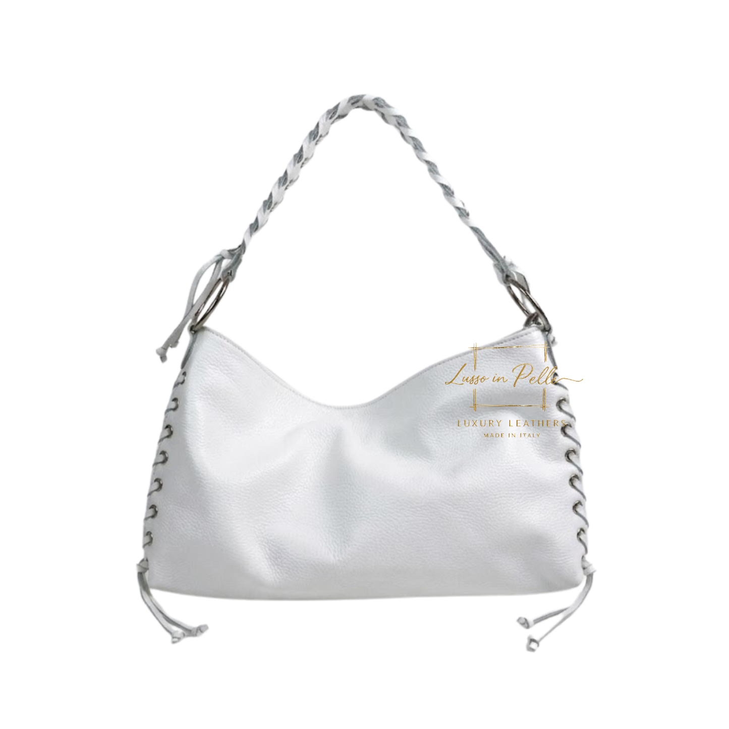 Genuine Leather Shoulder Bag with Lace-Up Detail