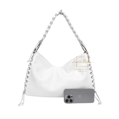 Genuine Leather Shoulder Bag with Lace-Up Detail