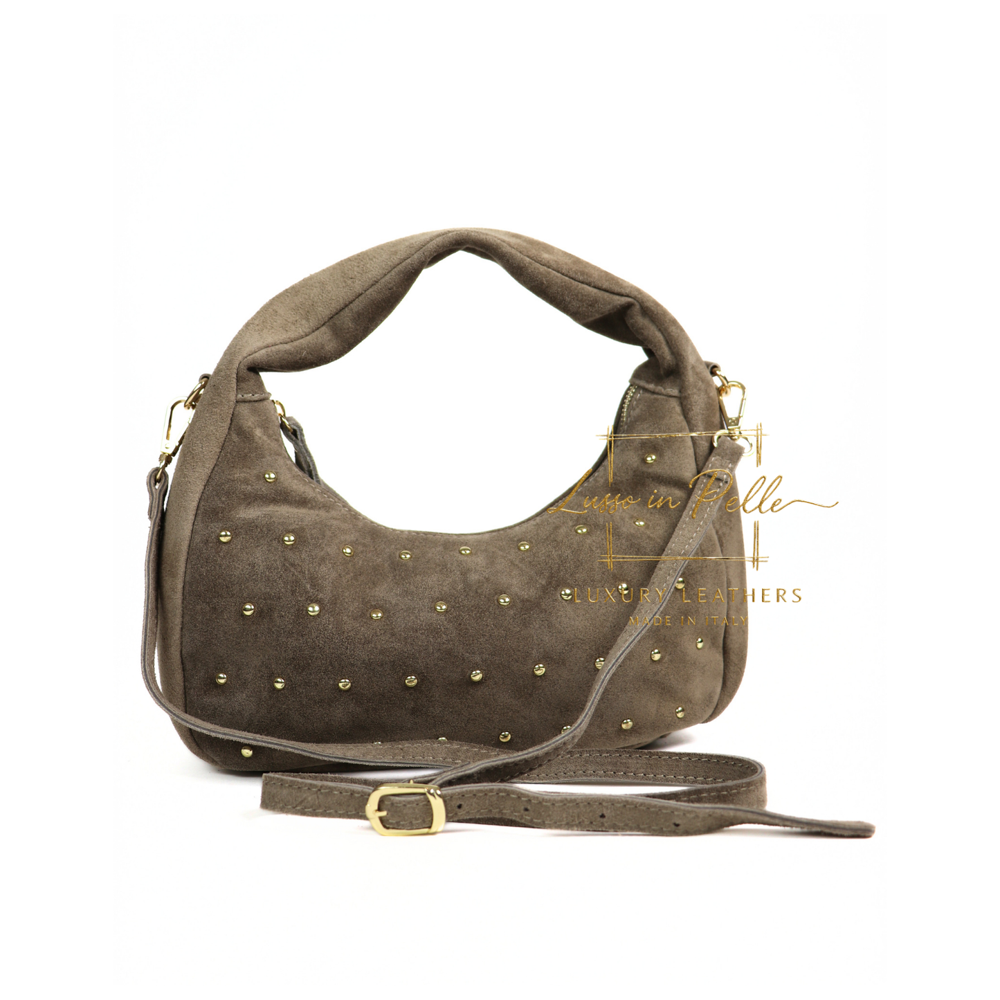 Soft Genuine Suede Shoulder Bag with Gold Stud Detail