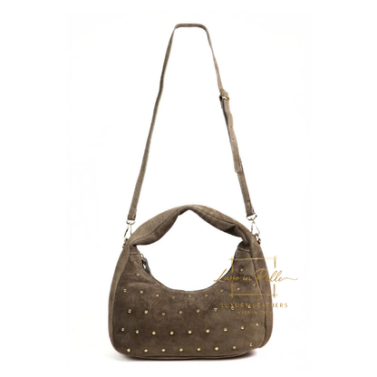 Soft Genuine Suede Shoulder Bag with Gold Stud Detail