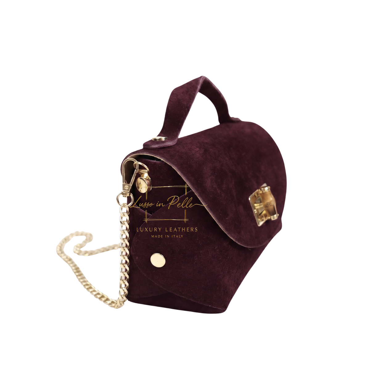 Genuine Suede Mini Top Handle Bag with Bamboo Twist Lock & Chain Strap