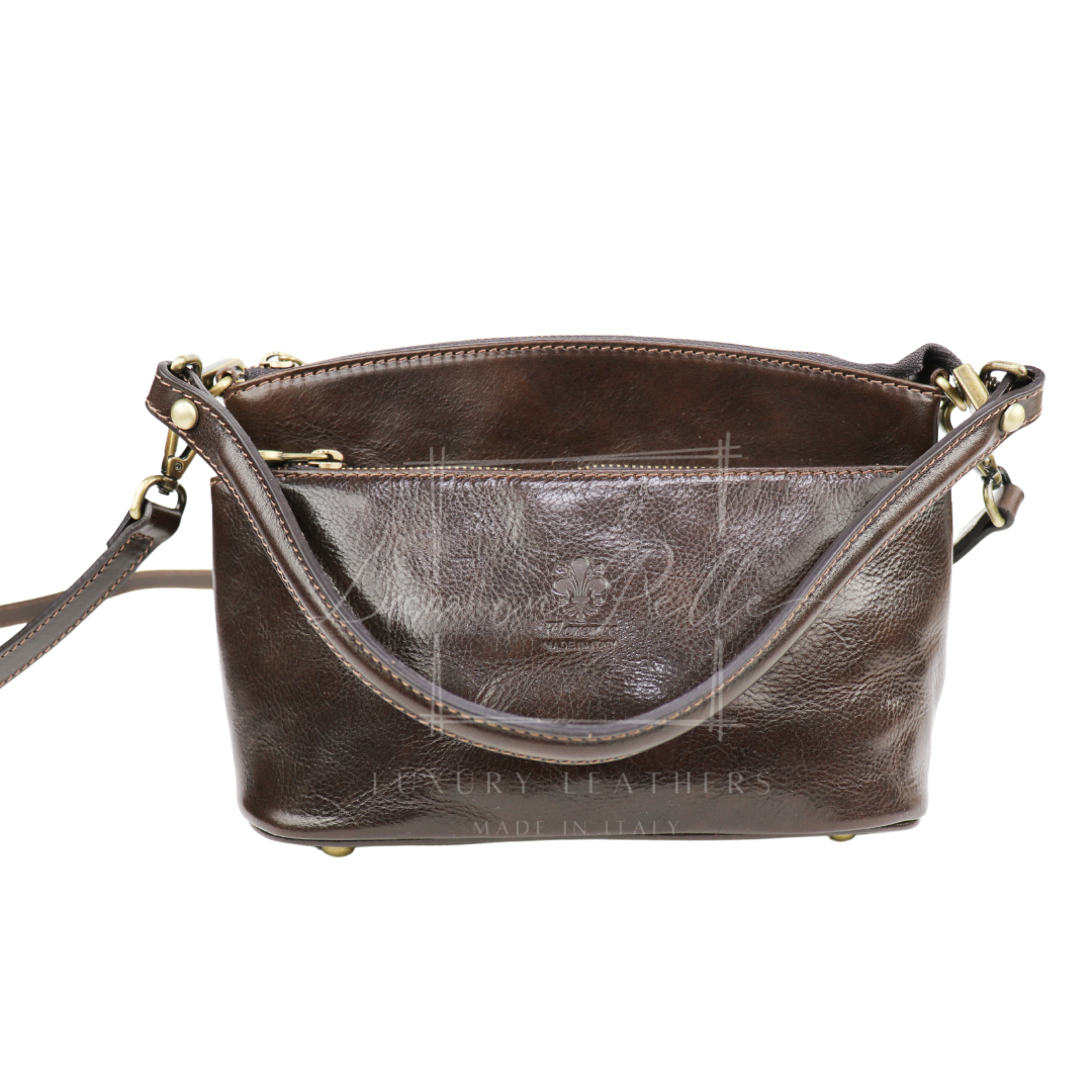 Small Three Zip Florence Leather Shoulder/Crossbody Bag - Lussoinpelle Chocolate Crossbody bags