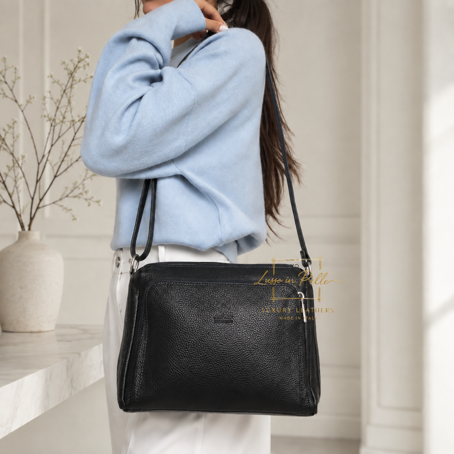 Italian Genuine Leather Multi Compartment Crossbody Bag with Front Zip Pocket