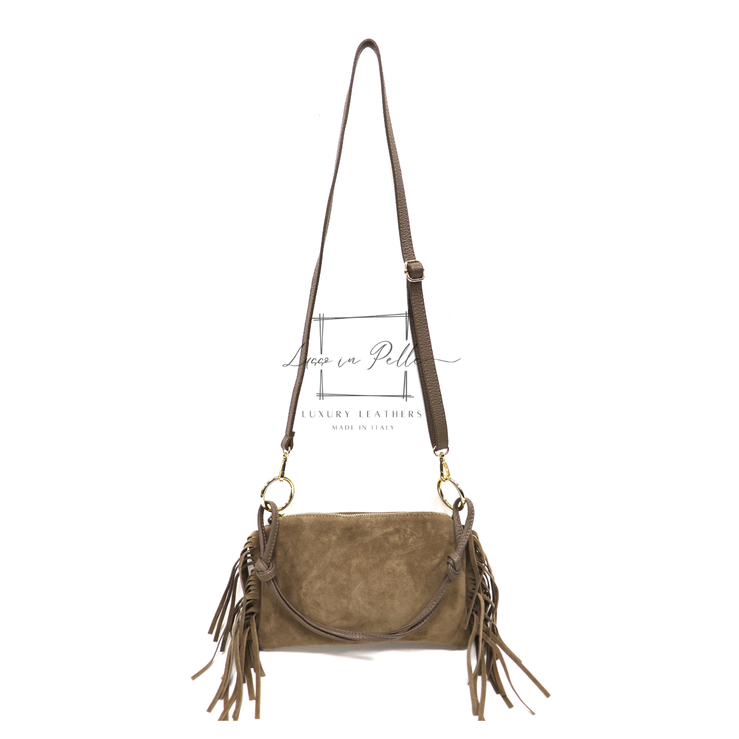 Small Italian Suede Fringe Bag with Shoulder and Crossbody Straps: Handmade Genuine Cowhide Suede Flat Purse