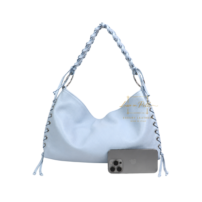 Genuine Leather Shoulder Bag with Lace-Up Detail
