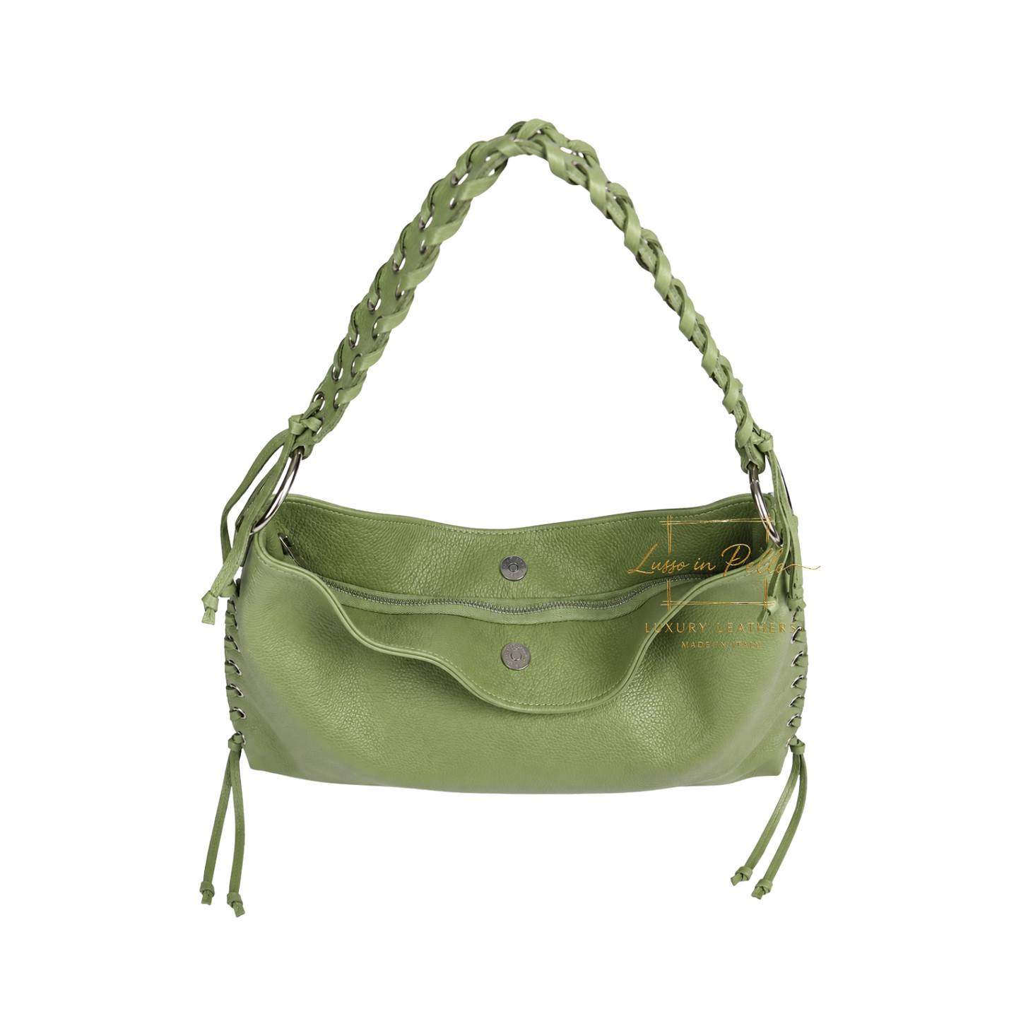 Genuine Leather Shoulder Bag with Lace-Up Detail