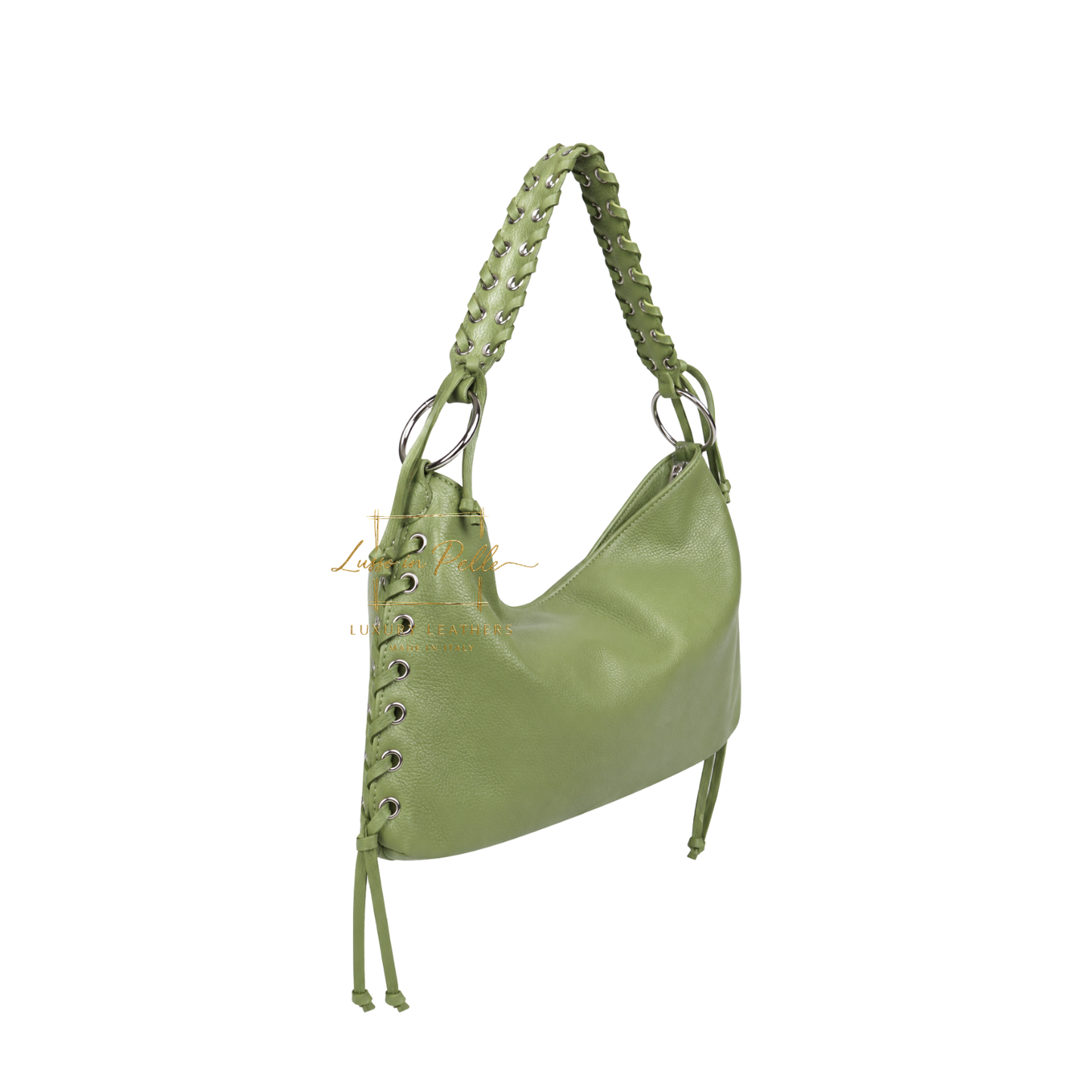 Genuine Leather Shoulder Bag with Lace-Up Detail