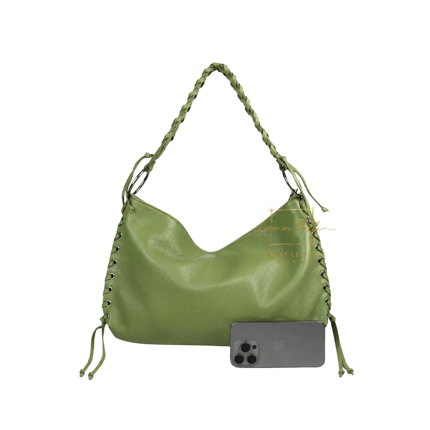 Genuine Leather Shoulder Bag with Lace-Up Detail