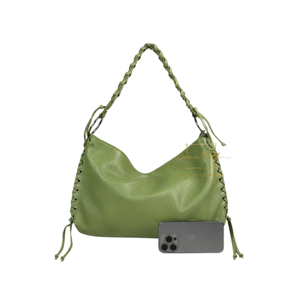 Genuine Leather Shoulder Bag with Lace-Up Detail