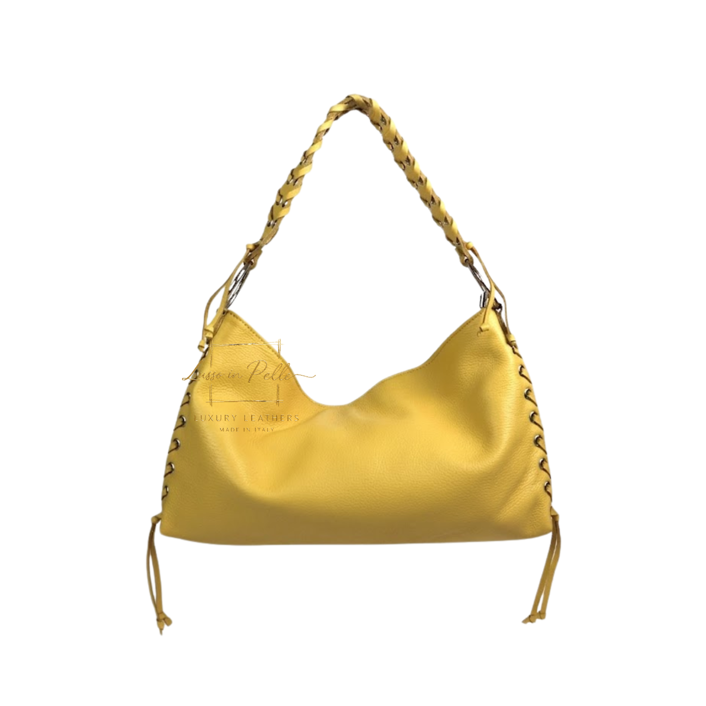 Genuine Leather Shoulder Bag with Lace-Up Detail