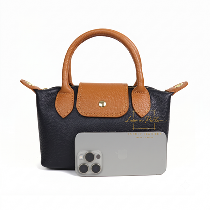 Italian Genuine Leather Mini Grab Bag with Detachable Crossbody Strap