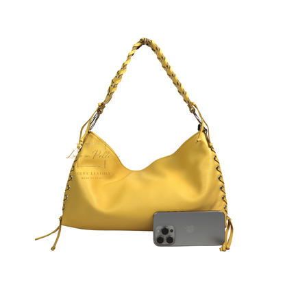 Genuine Leather Shoulder Bag with Lace-Up Detail