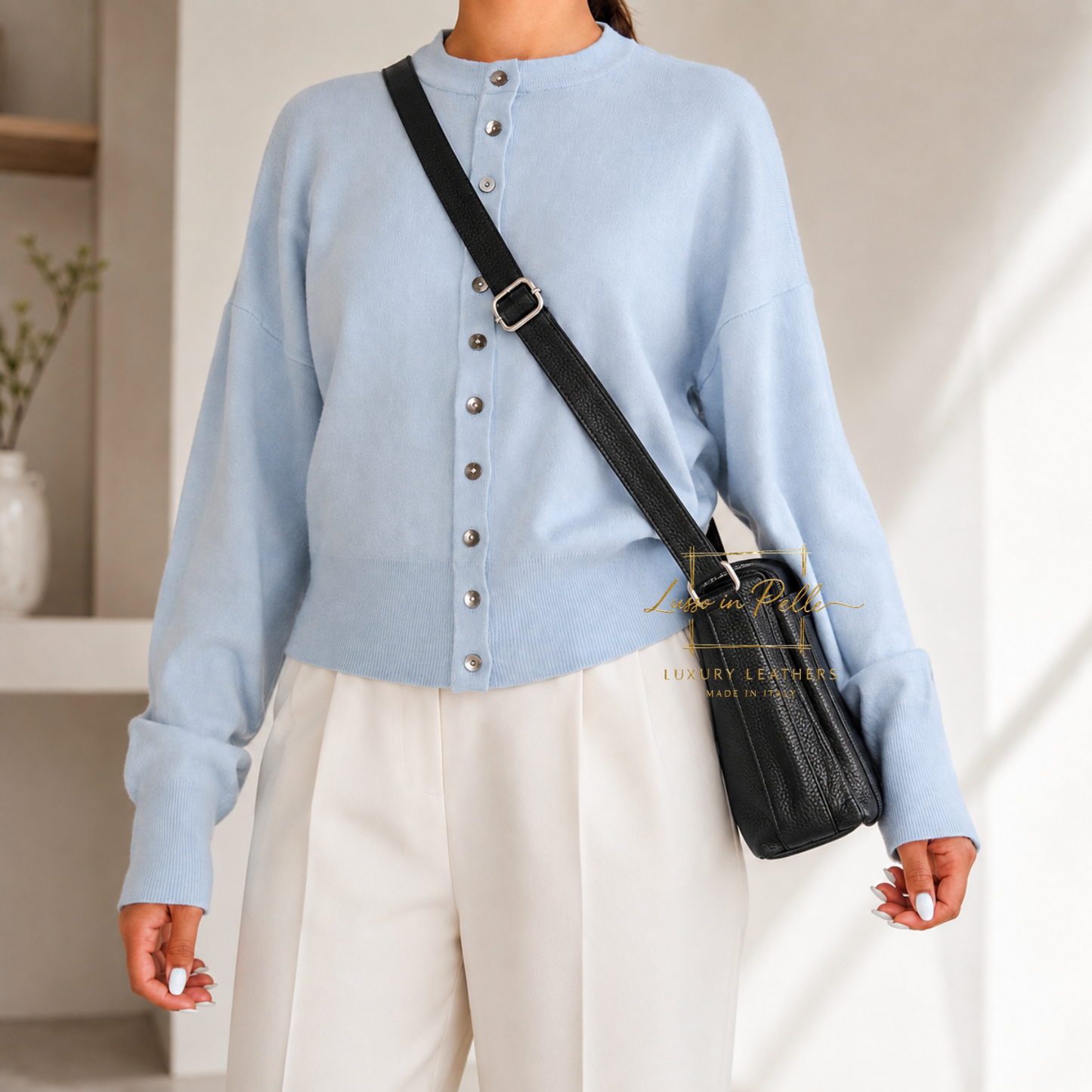 Italian Genuine Leather Multi Compartment Crossbody Bag with Front Zip Pocket