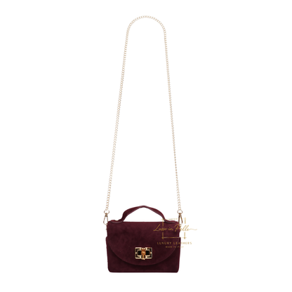 Genuine Suede Mini Top Handle Bag with Bamboo Twist Lock & Chain Strap