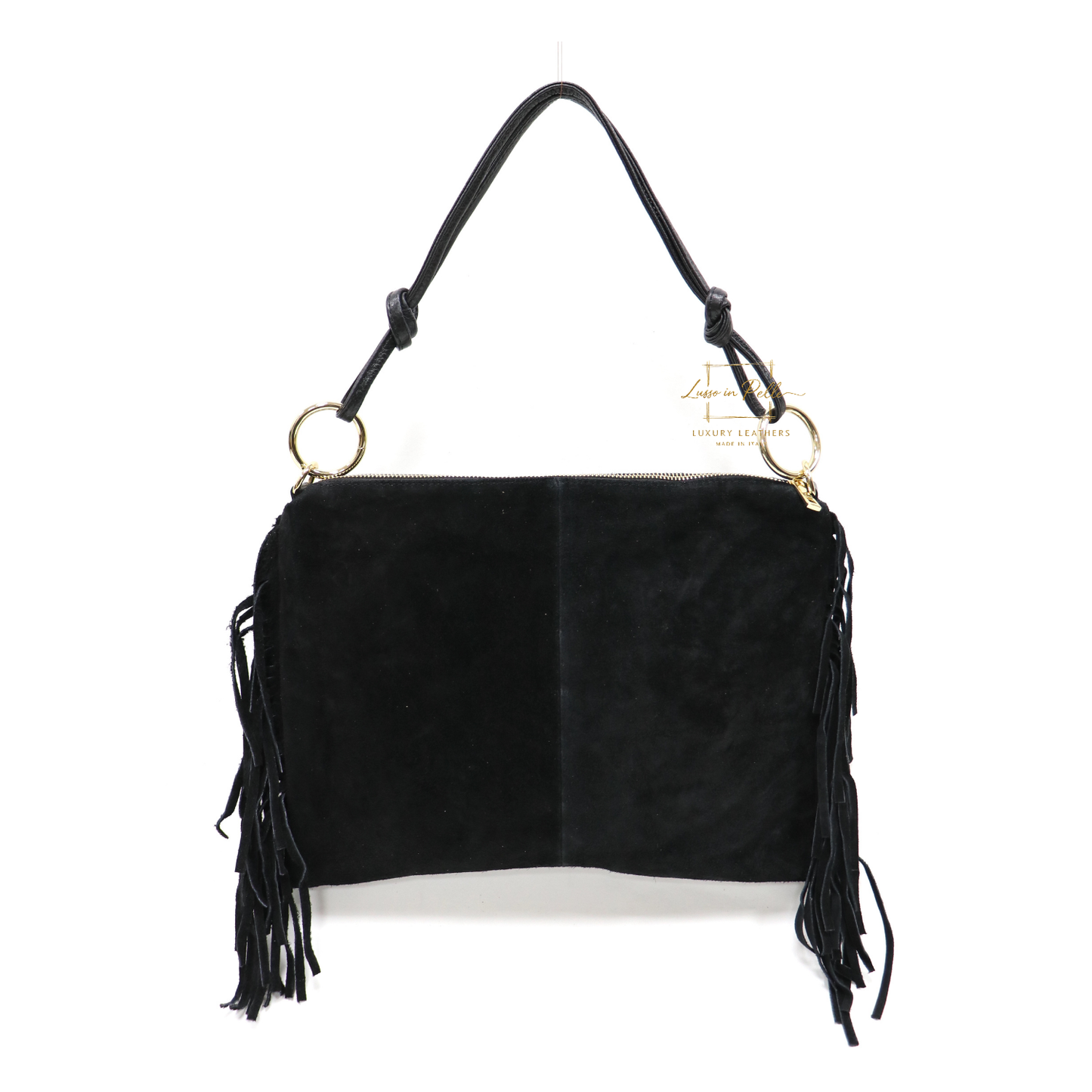 Medium Italian Suede Fringe Bag with Shoulder and Crossbody Straps: Handmade Genuine Cowhide Suede Flat Purse