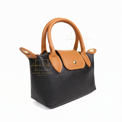 Italian Genuine Leather Mini Grab Bag with Detachable Crossbody Strap
