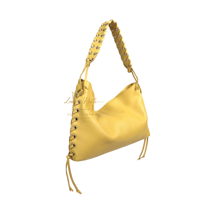 Genuine Leather Shoulder Bag with Lace-Up Detail