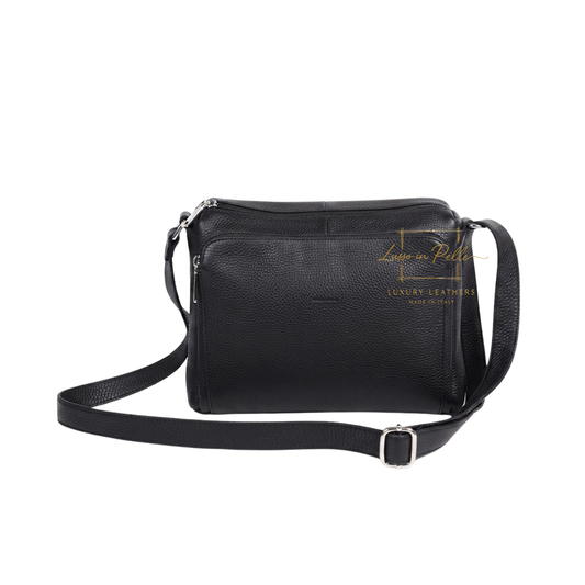 Italian Genuine Leather Multi Compartment Crossbody Bag with Front Zip Pocket