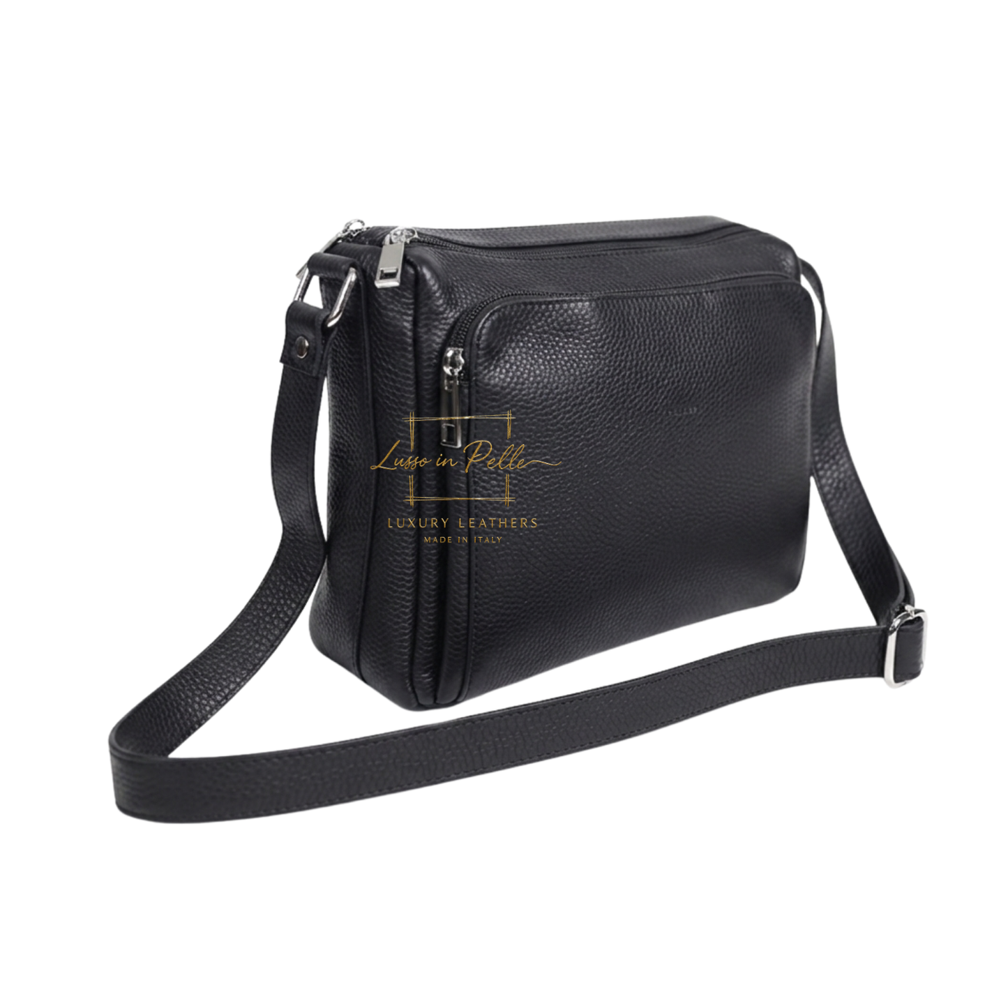 Italian Genuine Leather Multi Compartment Crossbody Bag with Front Zip Pocket