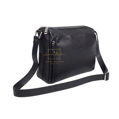 Italian Genuine Leather Multi Compartment Crossbody Bag with Front Zip Pocket