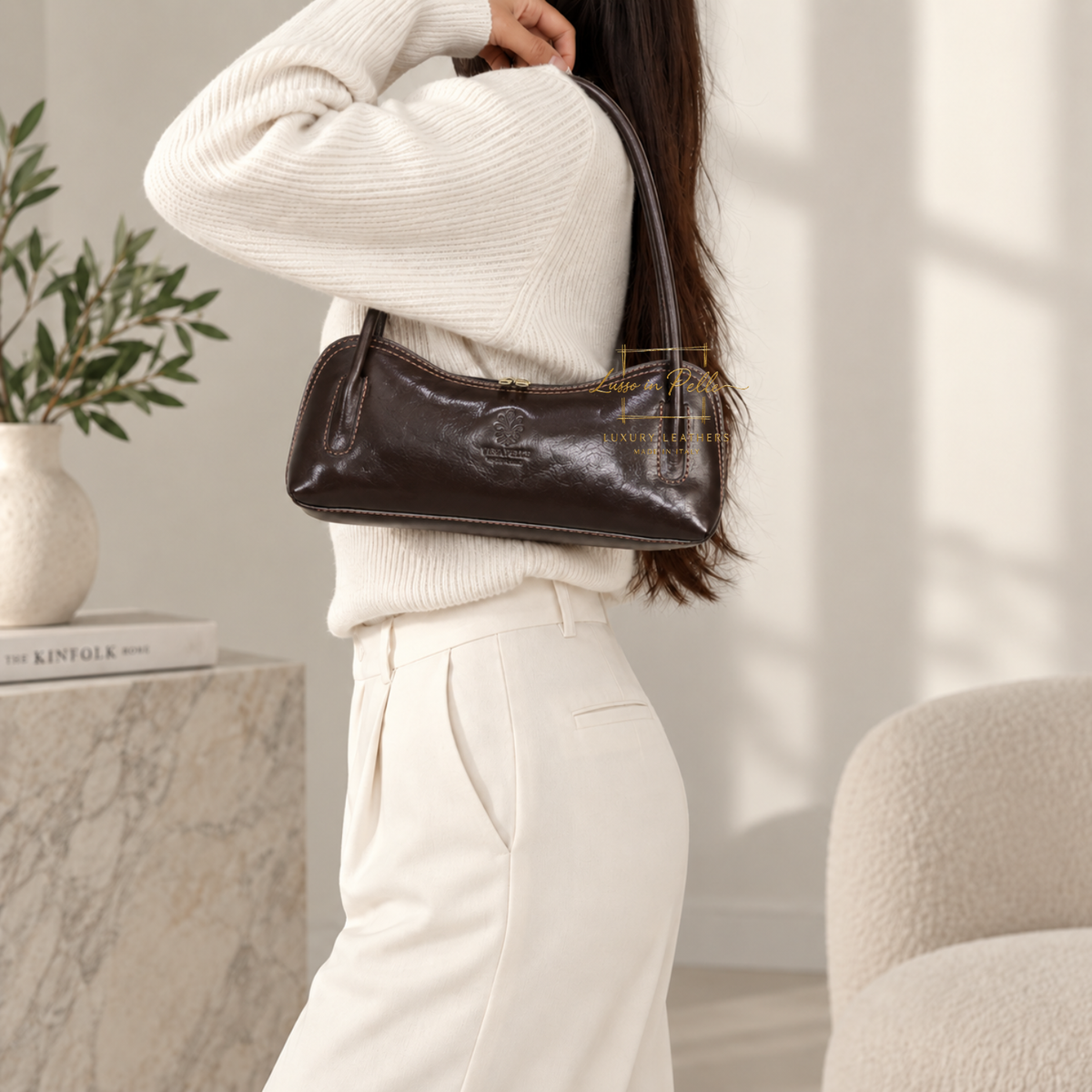 Buffered Leather Elongated Structured Florence Shoulder Bag