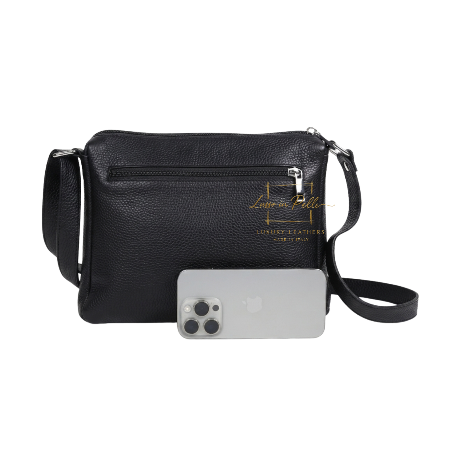 Italian Genuine Leather Multi Compartment Crossbody Bag with Front Zip Pocket