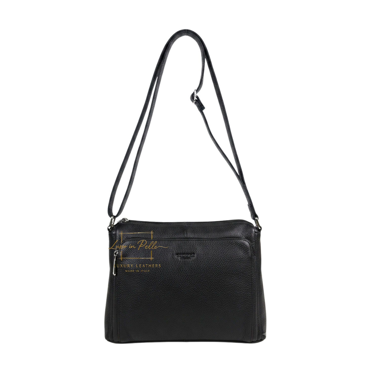 Italian Genuine Leather Multi Compartment Crossbody Bag with Front Zip Pocket