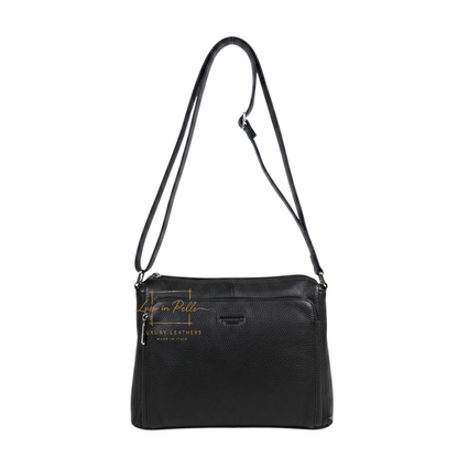 Italian Genuine Leather Multi Compartment Crossbody Bag with Front Zip Pocket
