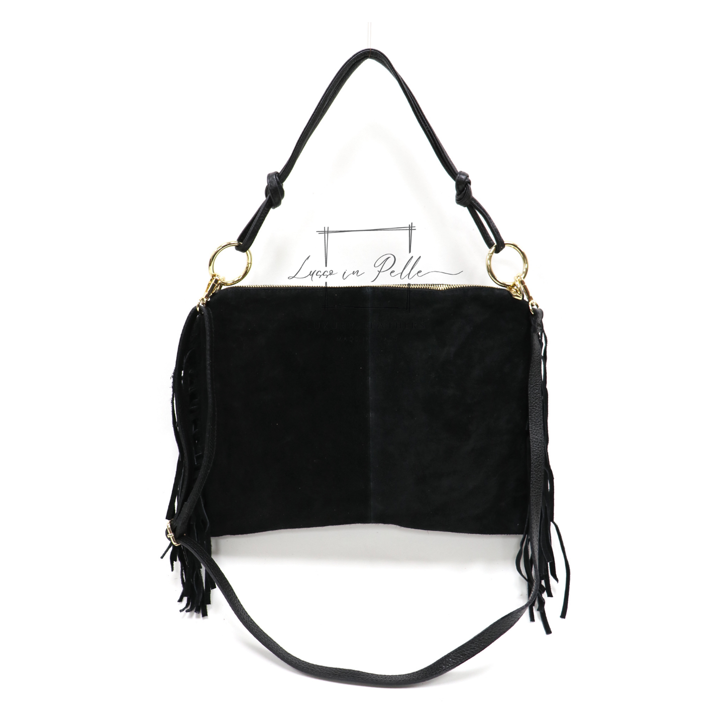 Medium Italian Suede Fringe Bag with Shoulder and Crossbody Straps: Handmade Genuine Cowhide Suede Flat Purse